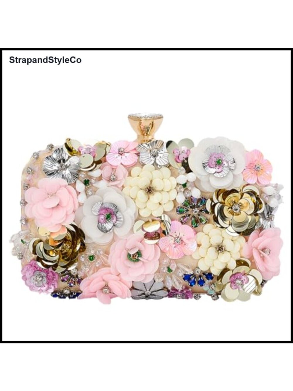 Satin Floral Beaded Evening Clutch with Wristlet Chain